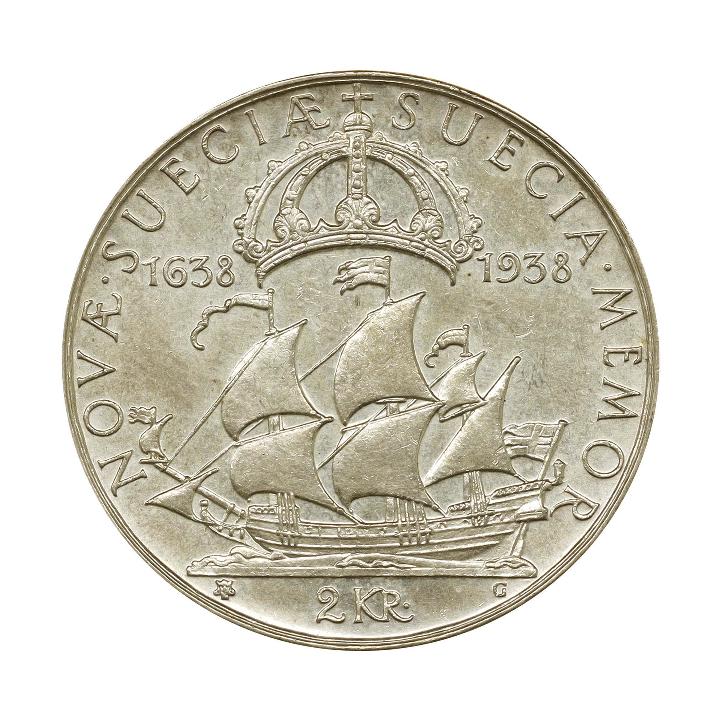 スウェーデン ND（1938）G 2クローナ 銀貨 グスタフ5世 入植300周年 